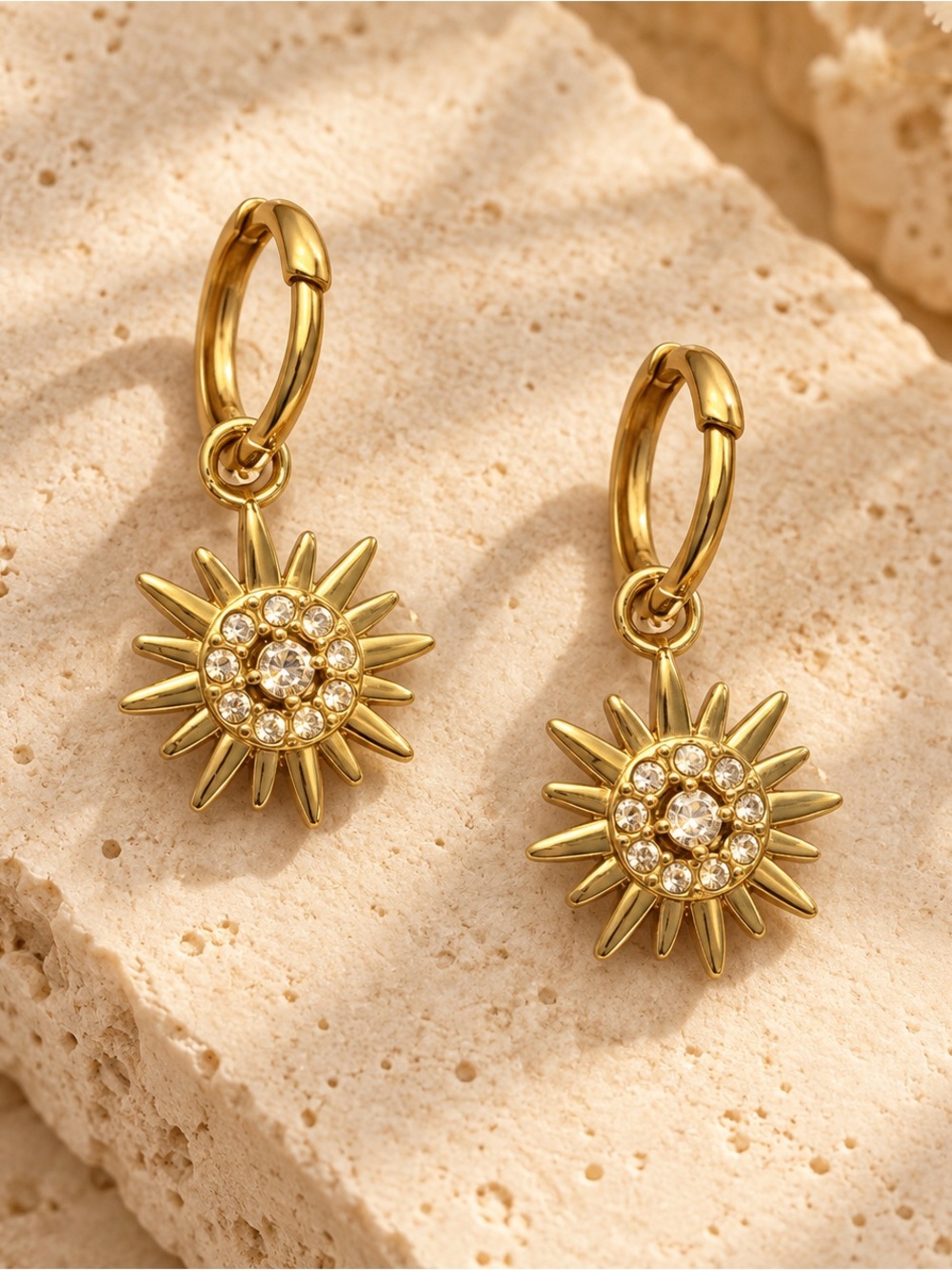 New! 18K Gold Plated Sunburst Earrings with Crystals Stainless Steel